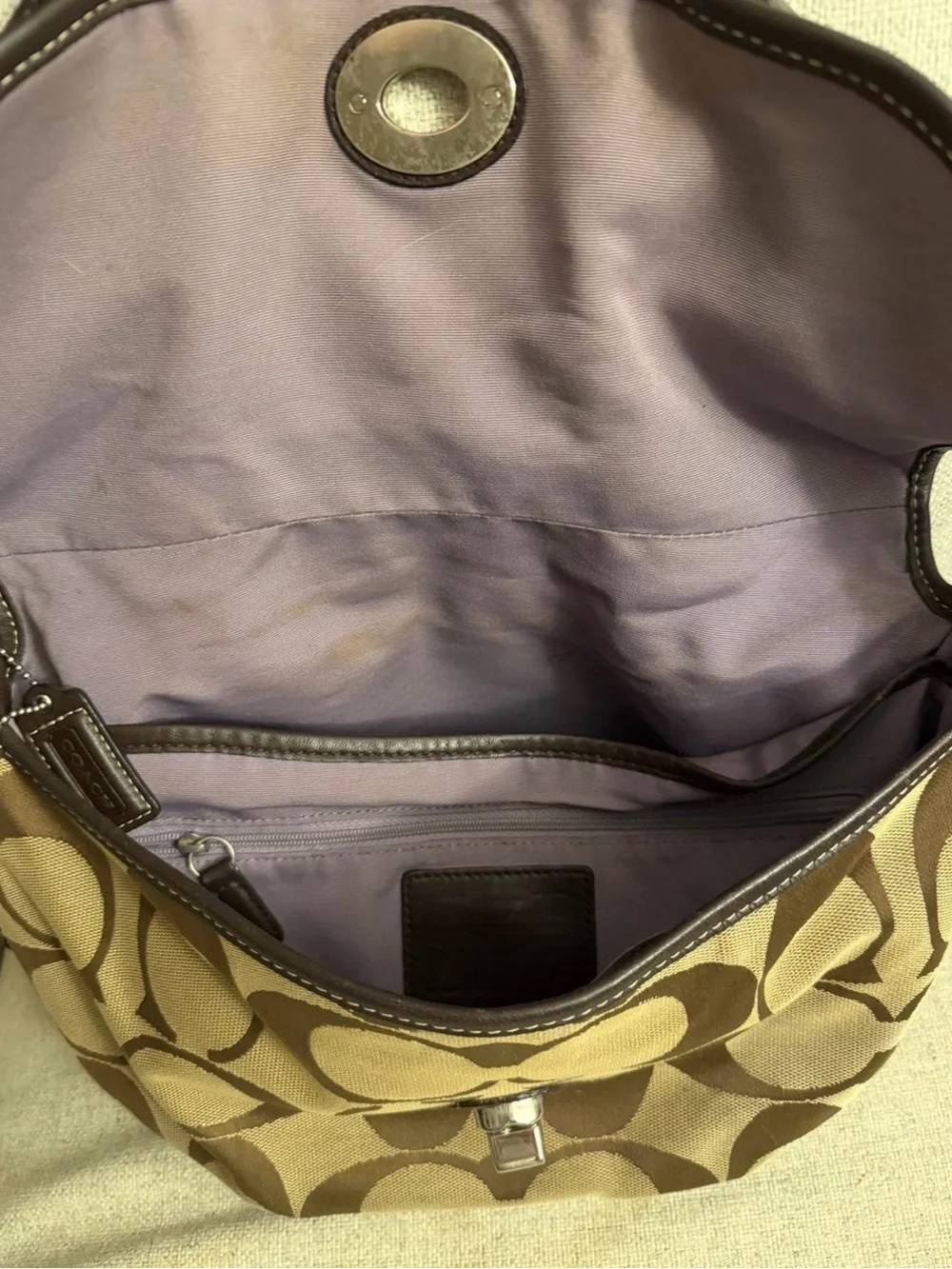 Coach Brown Signature Canvas Hobo with Dark Brown Leather Trim